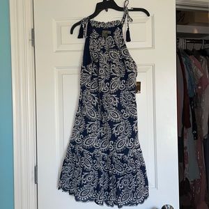 NWT Navy/white eyelet dress tinsel tie detail